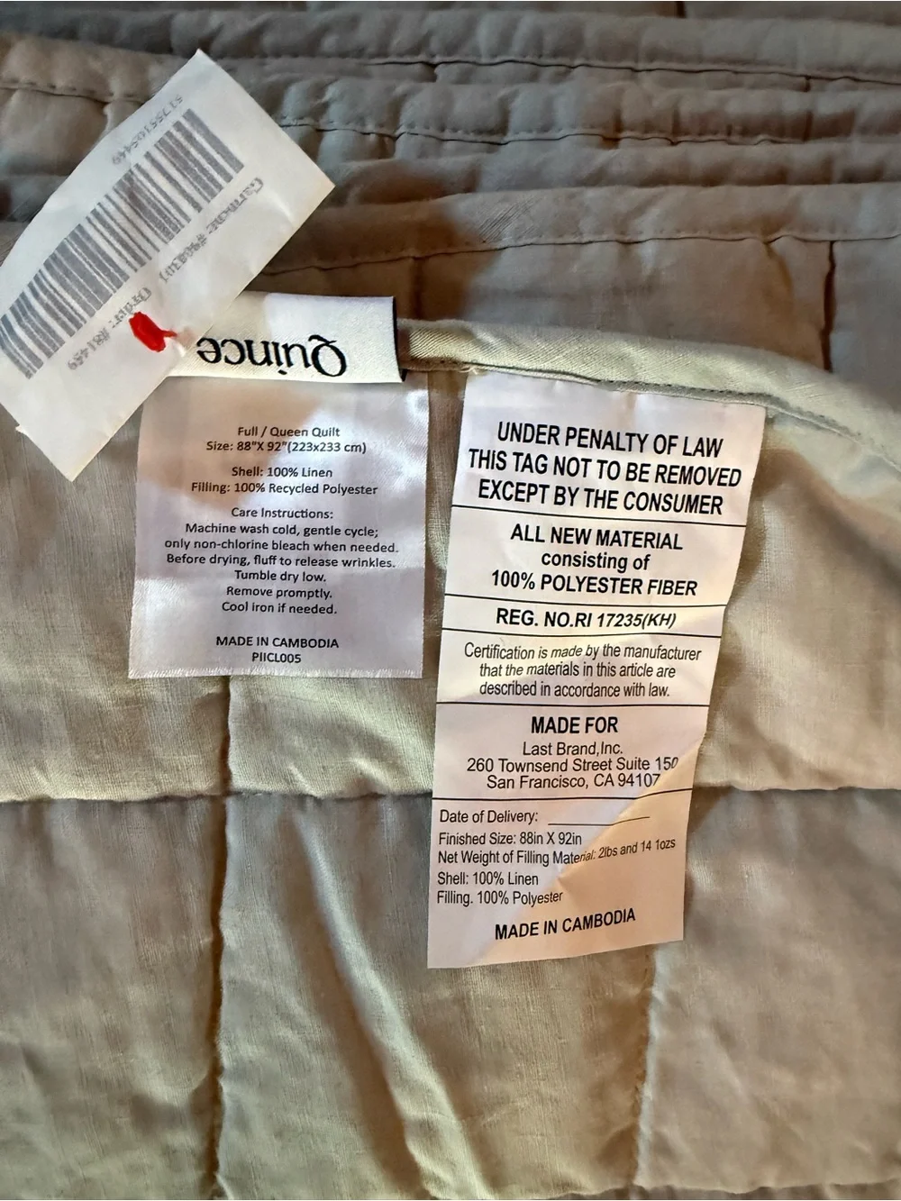 Quince Full/Queen Mist Linen Quilt
